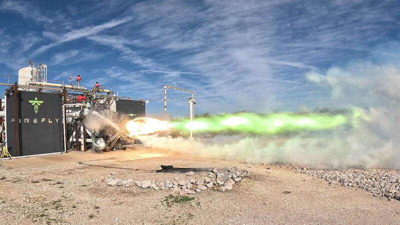 A test version of the Firefly's Miranda engine fires up on a test stand in Briggs, Texas.